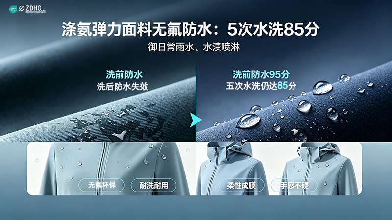 涤氨弹力面料无氟防水：5次水洗85分