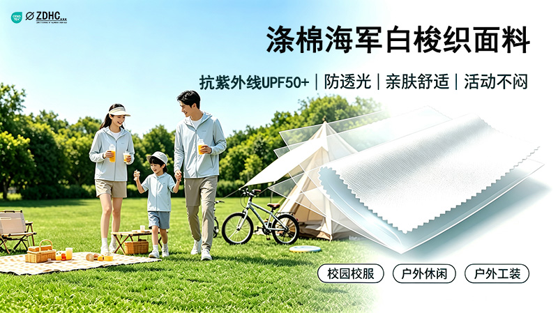 涤棉海军白梭织面料：UPF50+抗紫外+防透光，手感柔软，透气好