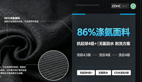 86%涤氨面料抗起球4级+无氟防水洗前4.5级/洗后4级耐洗方案