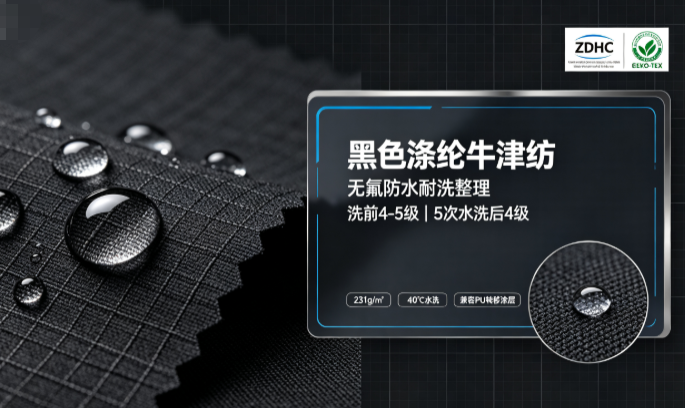 黑色涤纶牛津纺（231g/㎡）无氟防水耐洗整理解决方案——洗前4-5级，5次40℃水洗后4级，兼容PU转移涂层