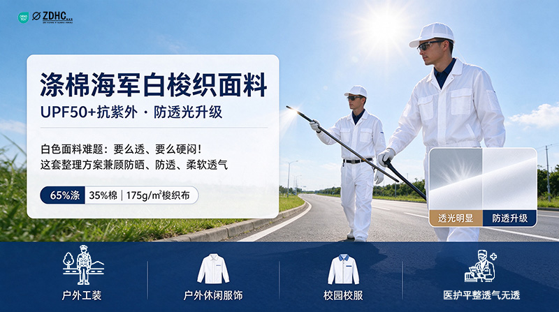 涤棉海军白梭织面料：防晒防透『抗紫外遮蔽率高达 99%以上』手感柔软，透气好