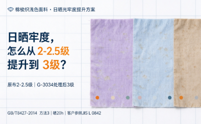 全棉梭织三色浅色面料，日晒光牢度提升一级解决方案