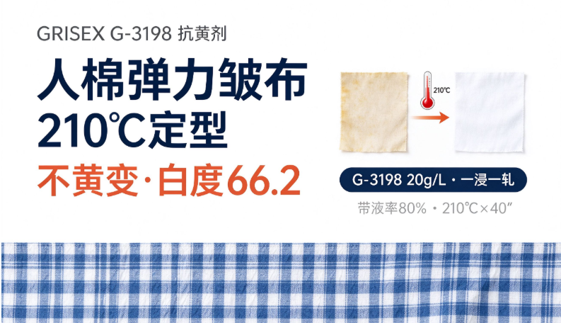 人棉弹力绉布，210℃定型如何不黄变？